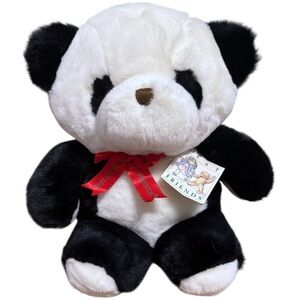 Vintage 1982 Best Friends Panda Plush Bear Red Ribbon AMC Korea Stuffed Animal
